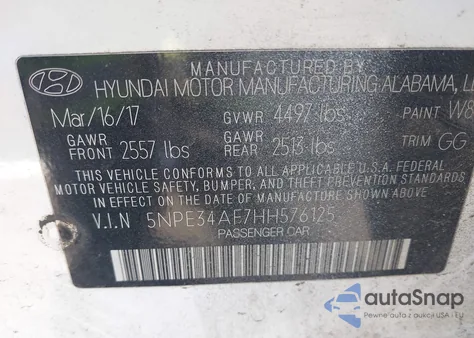 2017 Hyundai Sonata Sport z USA, uszkodzony, nr VIN 5NPE34AF7HH576125